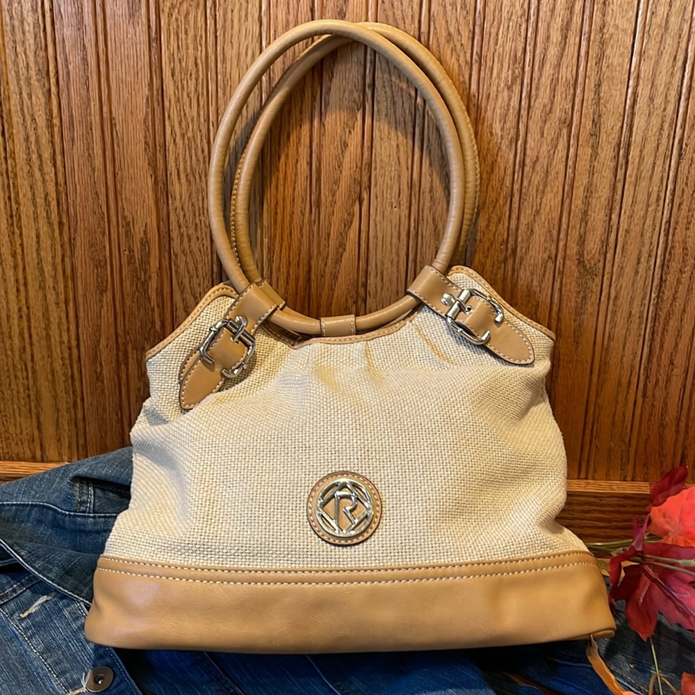 Relic Natural Woven Roomy Medallion Top Double Handle Bag Purse